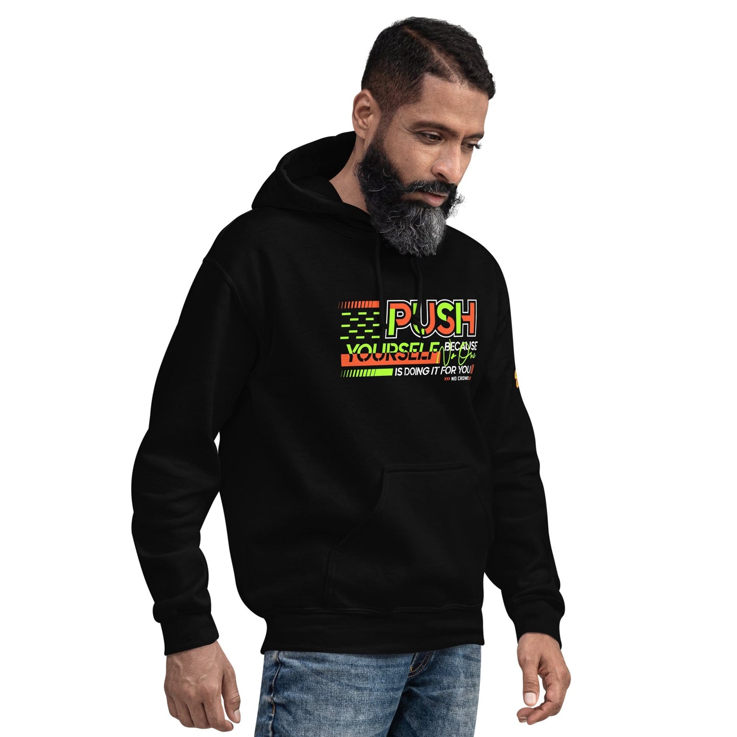Motivational streetwear hoodie by No Crowd Clothing in black with neon green, orange, and white lettering...model right