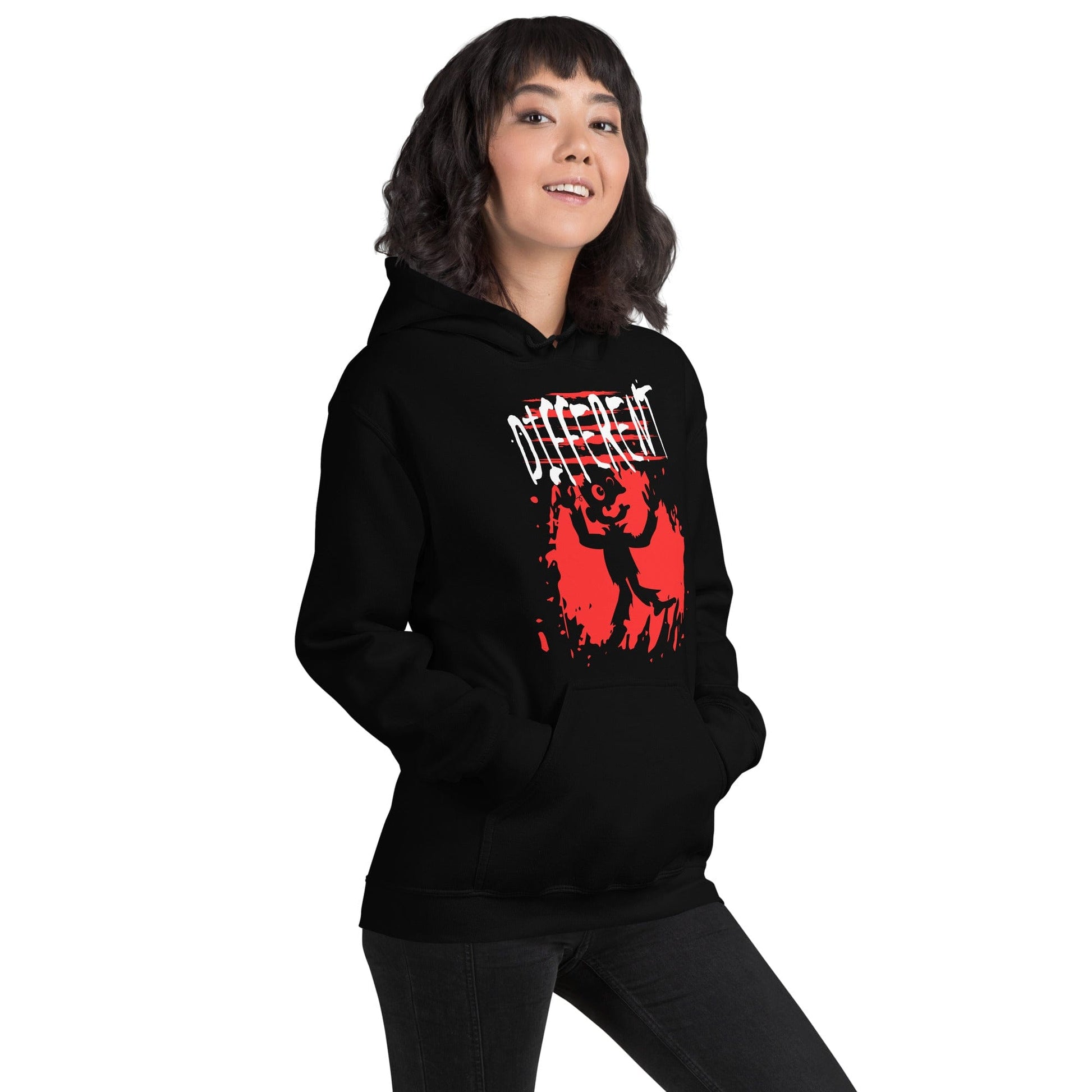 Black hoodie t-shirt featuring the word “Different” in a bold, distressed design, representing individuality, self-acceptance, and nonconformity....female