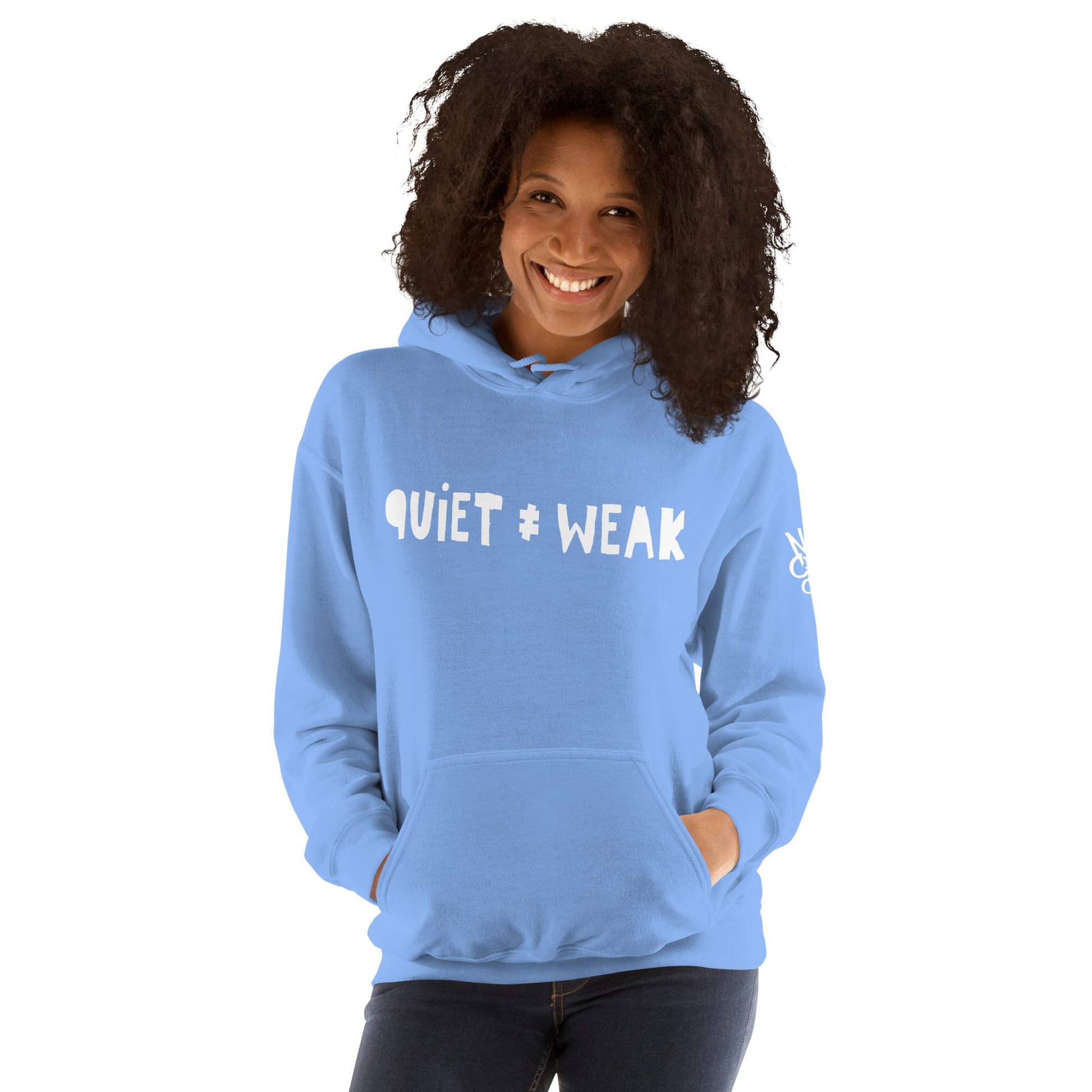 Not Weak Hoodie by No Crowd Clothing with distressed Quiet ≠ Weak design for introverts and quiet fighters....female model