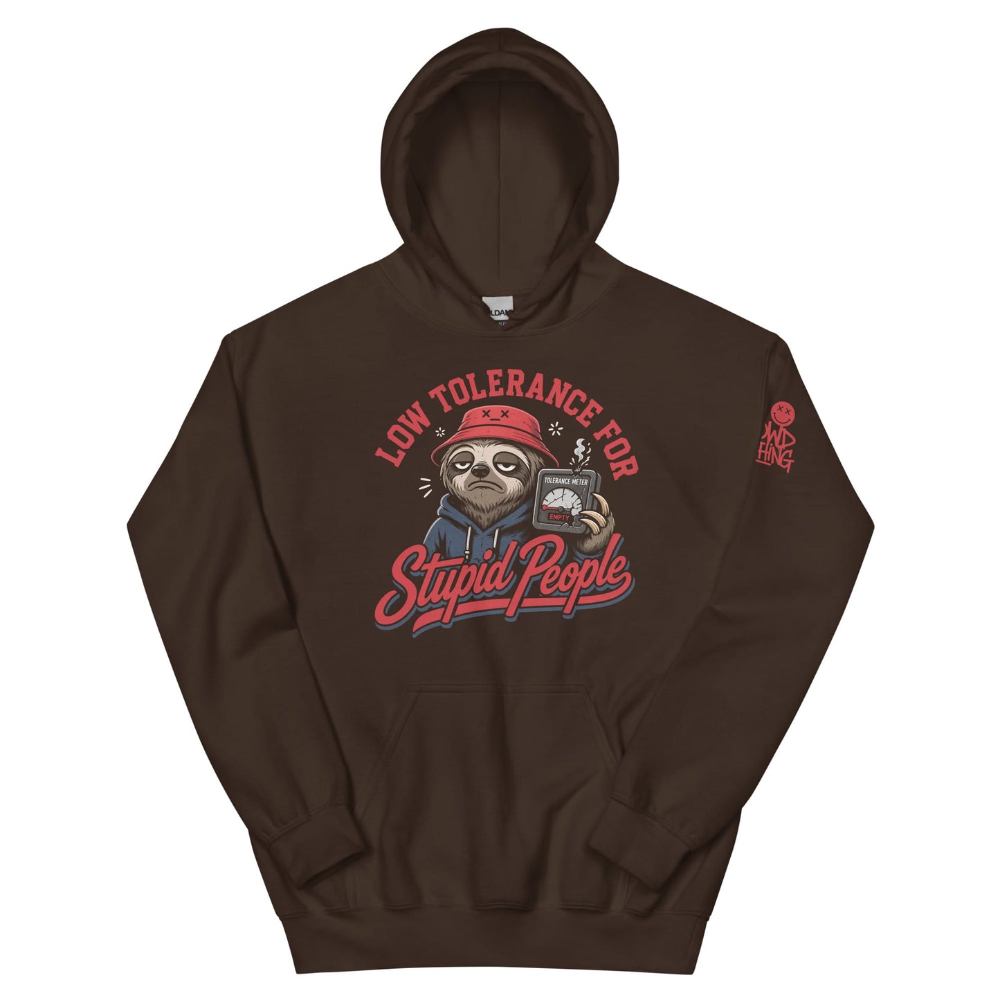 Stupid People Hoodie by No Crowd Clothing with tired sloth, red bucket hat, and cracked tolerance meter graphic...