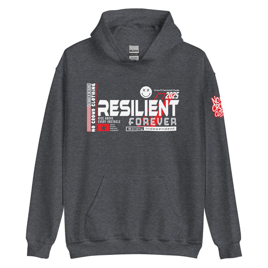 Bold 'Resilient Attitude 2025' graphic t-shirt with strong typography, red accents, and motivational phrases promoting strength and positivity...gray