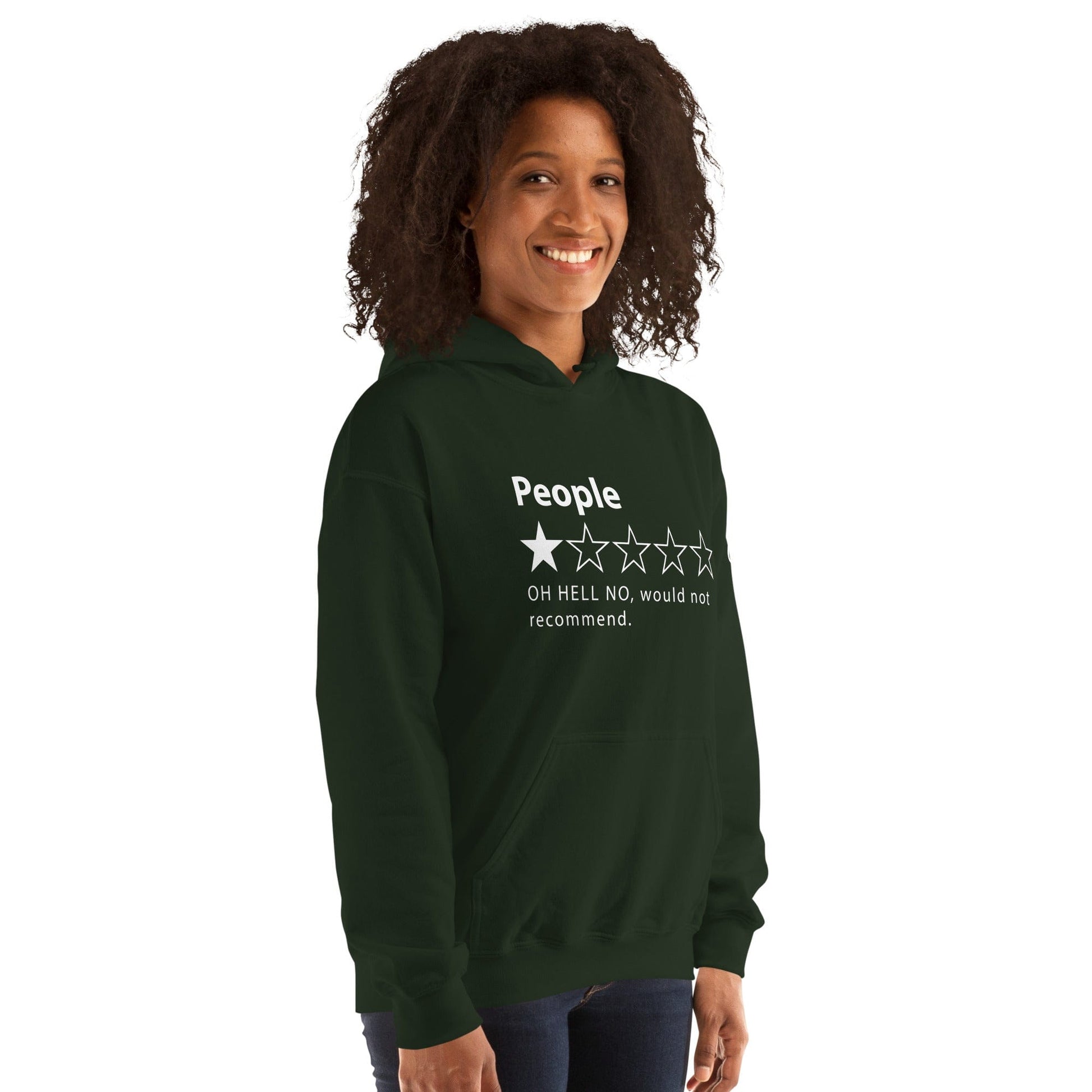 One-star review style design reading People with a single filled star and the phrase OH HELL NO, would not recommend....model right