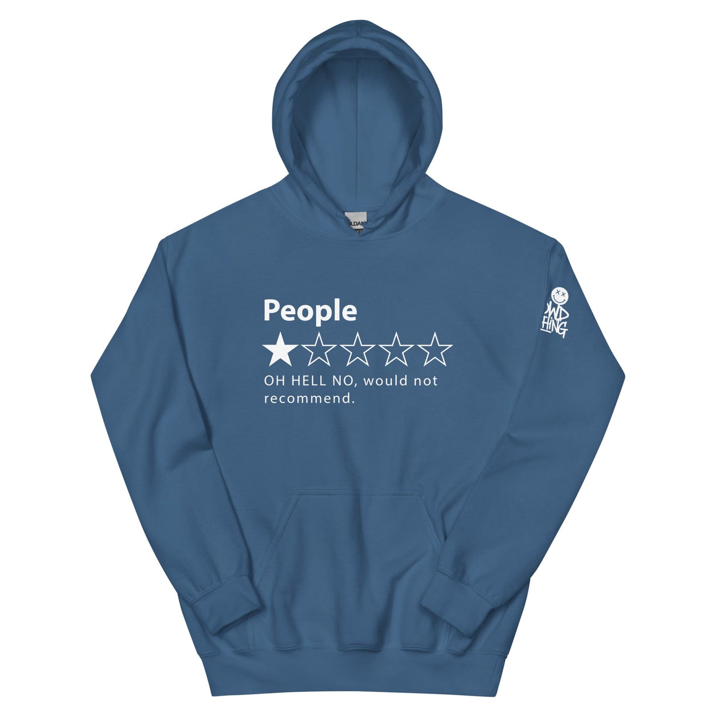One-star review style design reading People with a single filled star and the phrase OH HELL NO, would not recommend....blue front