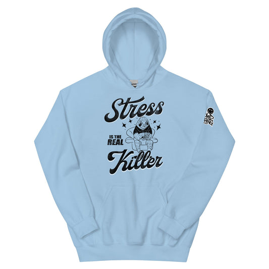 No Crowd Clothing’s 'Stress Is the Real Killer' t-shirt delivers a bold message about the toll of stress, especially for those with social anxiety. It uses humor to raise awareness and ease daily pressures...blue