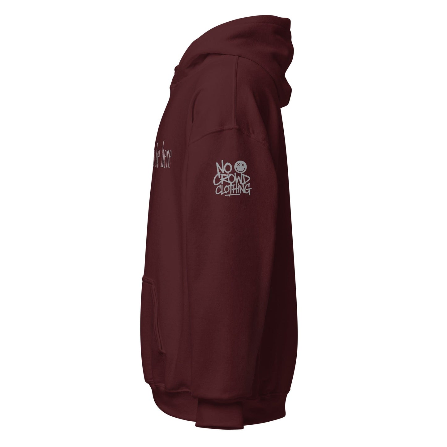 Hoodie with “I didn’t ask to be here” text minimalist introvert clothing design...maroon sleeve