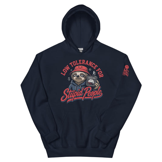 Stupid People Hoodie by No Crowd Clothing with tired sloth, red bucket hat, and cracked tolerance meter graphic..
