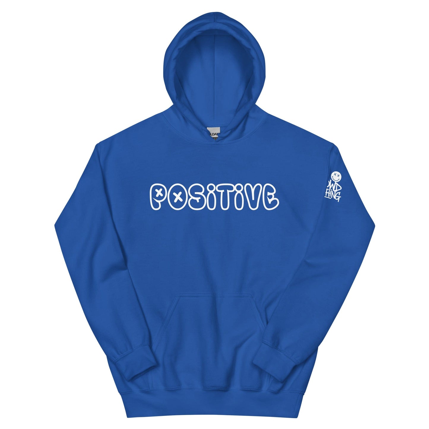 A stylish hoodie featuring the word "POSITIVE" in bold, graffiti-style font. The design encourages maintaining a positive mindset to overcome social anxiety. Cozy and empowering, this hoodie blends streetwear style with a motivational message for everyday confidence...blue