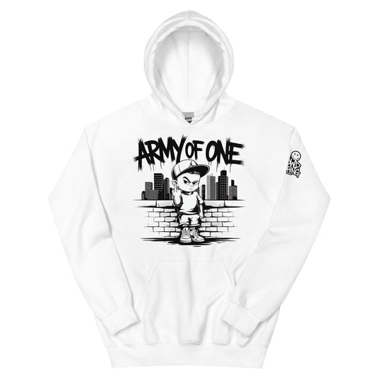 Bold 'Army of One' hoodie design featuring a defiant young boy standing against a cityscape, flipping off challenges with attitude. Perfect for embracing humor and independence to overcome social anxiety and stress.