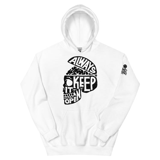 A cozy hoodie with "Always Keep It Open" text, designed for No Crowd Clothing, encouraging open-mindedness and comfort for those with social anxiety.