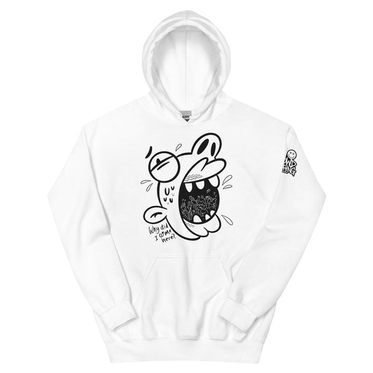 White graphic hoodie featuring a cartoon face screaming with the text “Why did I come here” in bold black sketch-style design by No Crowd Clothing...front