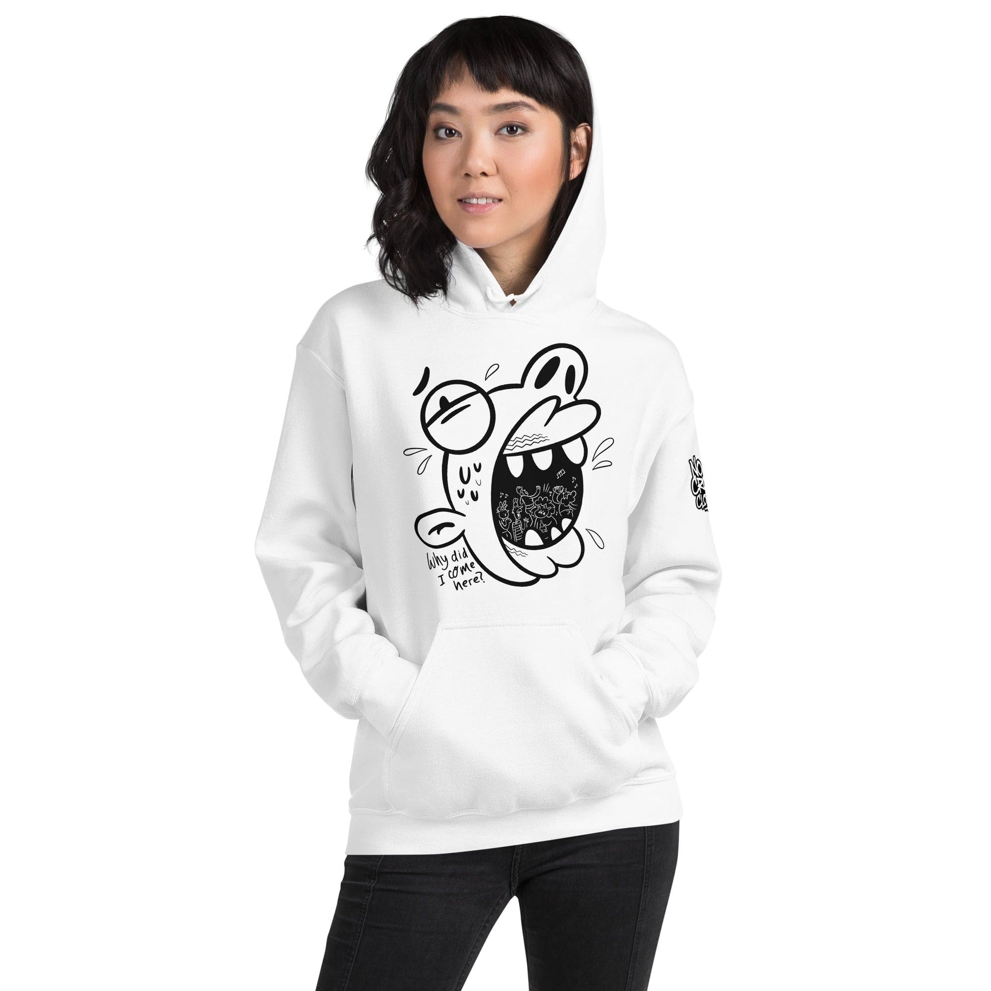 White graphic hoodie featuring a cartoon face screaming with the text “Why did I come here” in bold black sketch-style design by No Crowd Clothing....model front 2