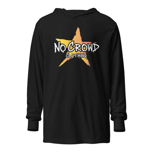 Black hooded long sleeve t-shirt featuring the No Crowd Clothing logo with a yellow and orange graffiti-style star and bold white text on the front.