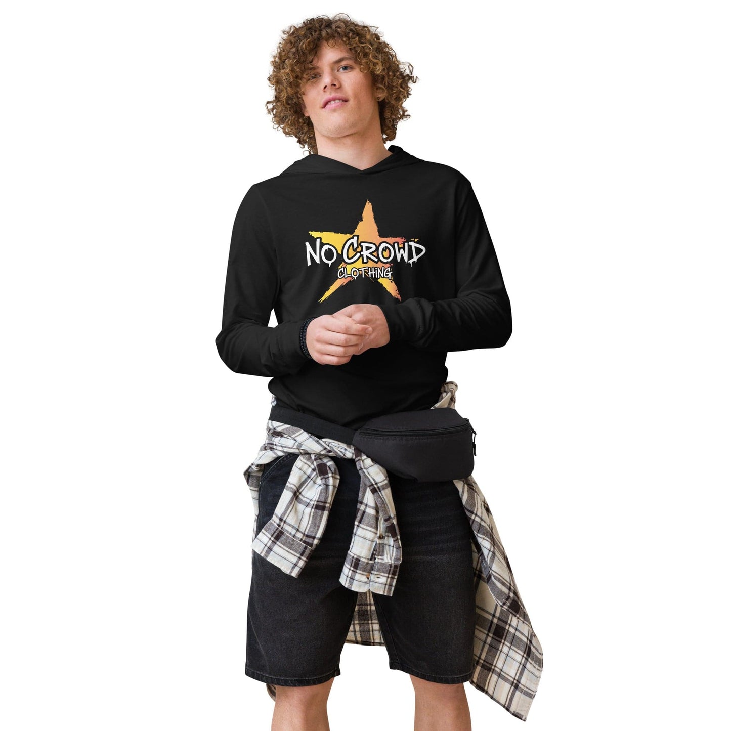 Black hooded long sleeve t-shirt featuring the No Crowd Clothing logo with a yellow and orange graffiti-style star and bold white text on the front....model2