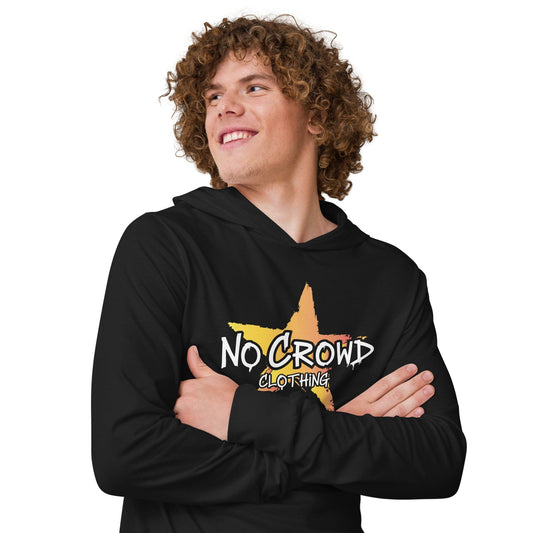 Black hooded long sleeve t-shirt featuring the No Crowd Clothing logo with a yellow and orange graffiti-style star and bold white text on the front....mode1