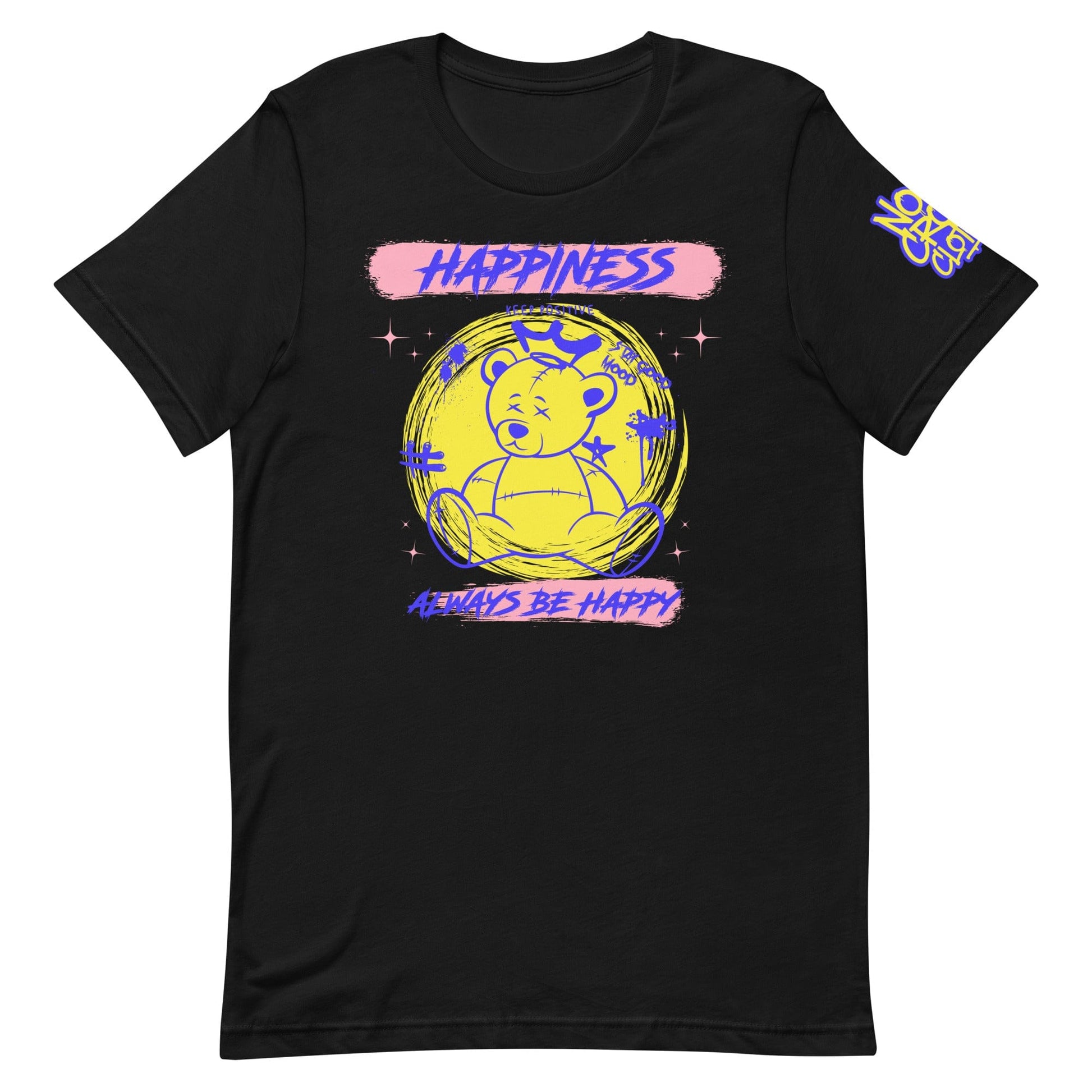 Graphic of a crowned teddy bear in vibrant yellow and blue with text "Happiness," "Keep Positive," and "Always Be Happy" on a bold graffiti-style tee design....black