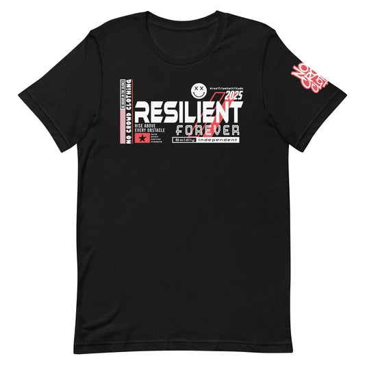 Bold 'Resilient Attitude 2025' graphic t-shirt with strong typography, red accents, and motivational phrases promoting strength and positivity...black