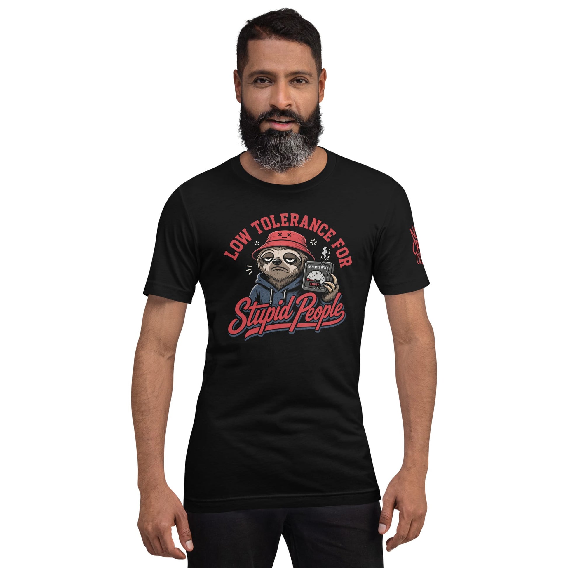 Stupid People T-Shirt by No Crowd Clothing with tired sloth, red bucket hat, and cracked tolerance meter graphic.