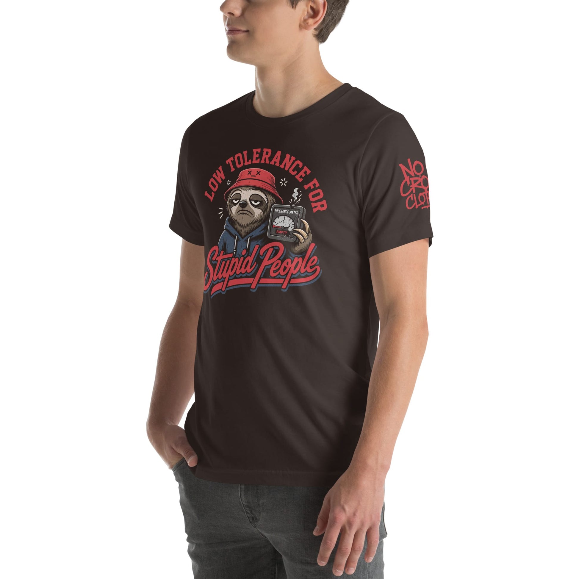 Stupid People T-Shirt by No Crowd Clothing with tired sloth, red bucket hat, and cracked tolerance meter graphic...