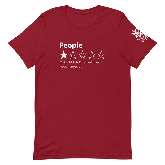 Humorous People 1-star rating graphic featuring one solid star and four outlines with bold text below....red shirt