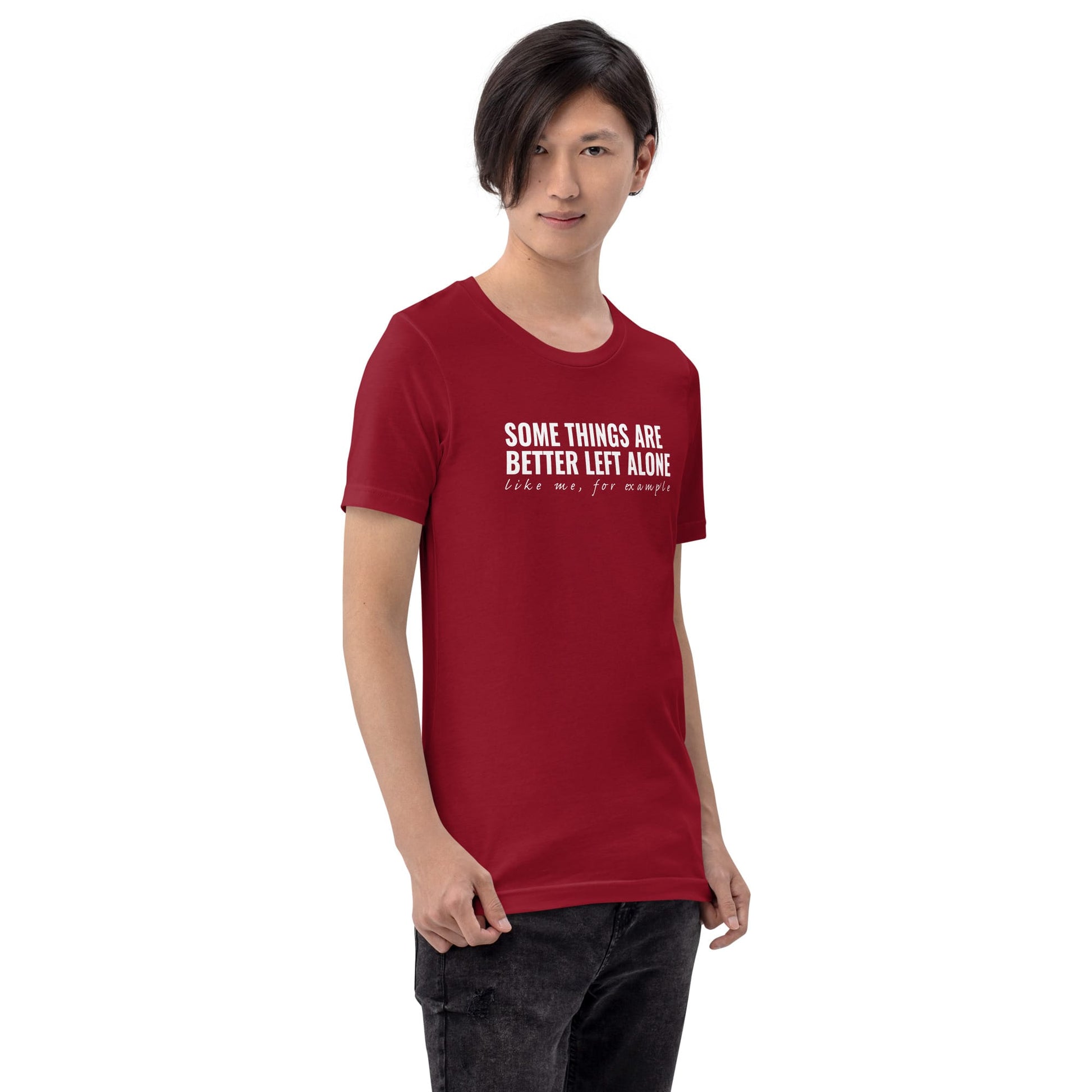 Funny introvert graphic t-shirt for social anxiety with “Some things are better left alone” design...cardinal model 