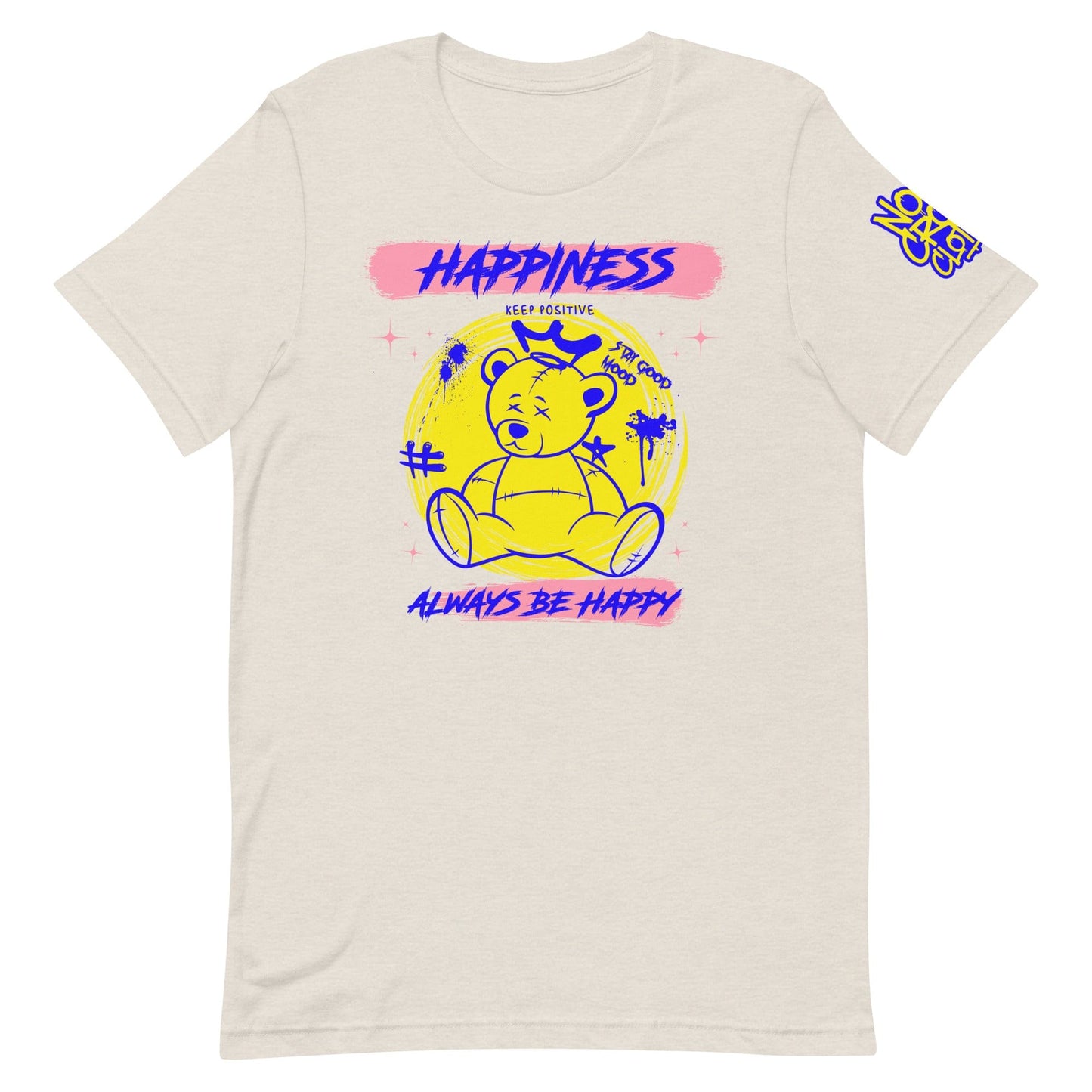 Graphic of a crowned teddy bear in vibrant yellow and blue with text "Happiness," "Keep Positive," and "Always Be Happy" on a bold graffiti-style tee design...heather