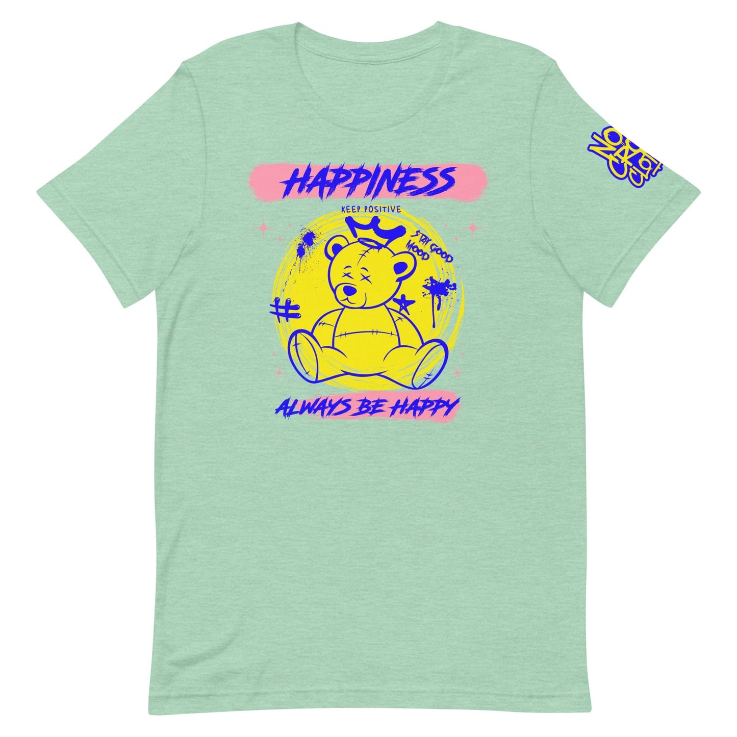 Graphic of a crowned teddy bear in vibrant yellow and blue with text "Happiness," "Keep Positive," and "Always Be Happy" on a bold graffiti-style tee design...green