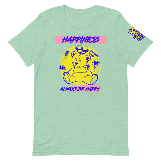 Graphic of a crowned teddy bear in vibrant yellow and blue with text "Happiness," "Keep Positive," and "Always Be Happy" on a bold graffiti-style tee design...green