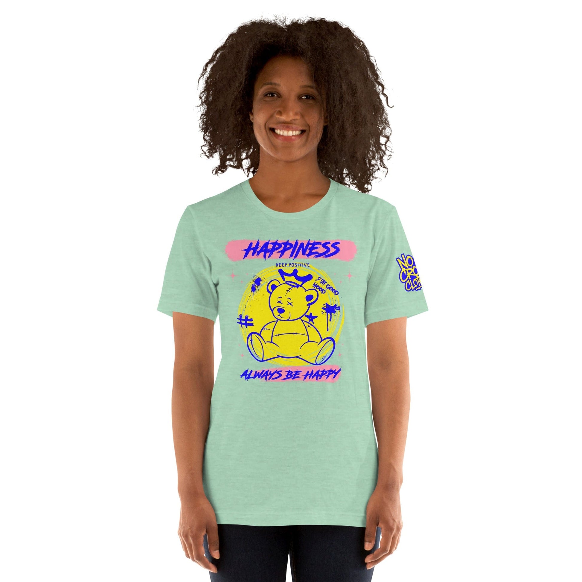 Graphic of a crowned teddy bear in vibrant yellow and blue with text "Happiness," "Keep Positive," and "Always Be Happy" on a bold graffiti-style tee design....model green