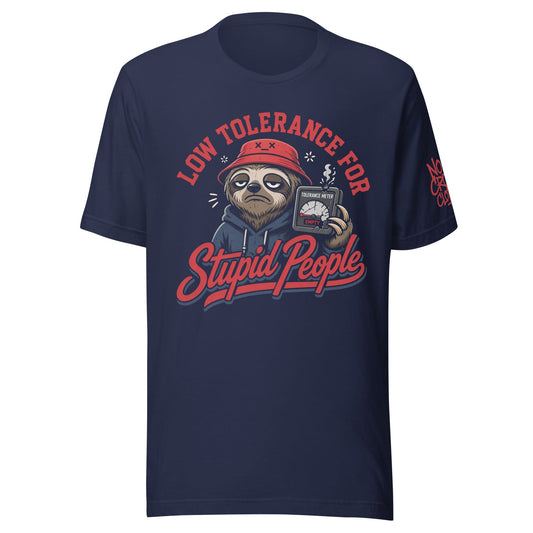 Stupid People T-Shirt by No Crowd Clothing with tired sloth, red bucket hat, and cracked tolerance meter graphic....lue front