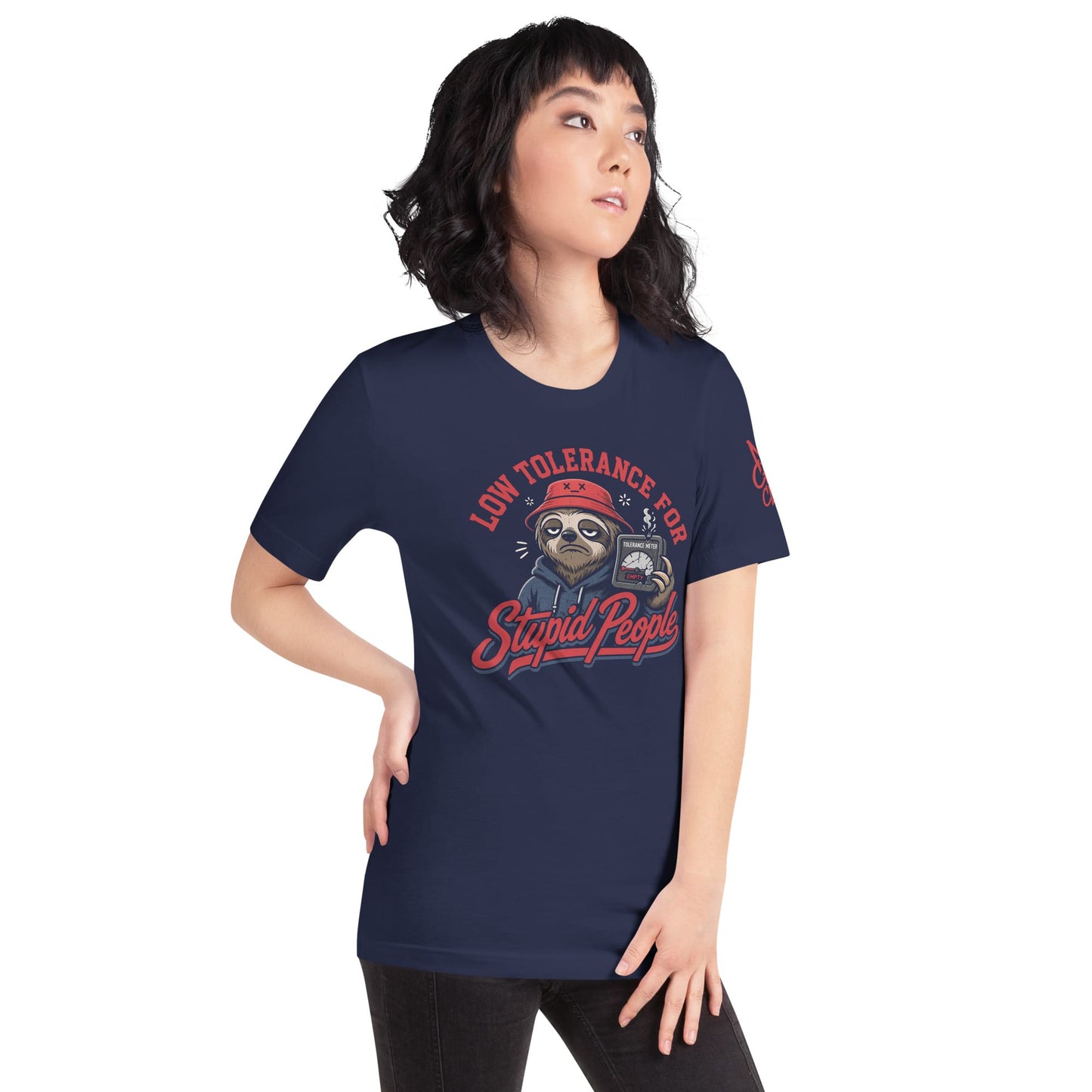 Stupid People T-Shirt by No Crowd Clothing with tired sloth, red bucket hat, and cracked tolerance meter graphic..