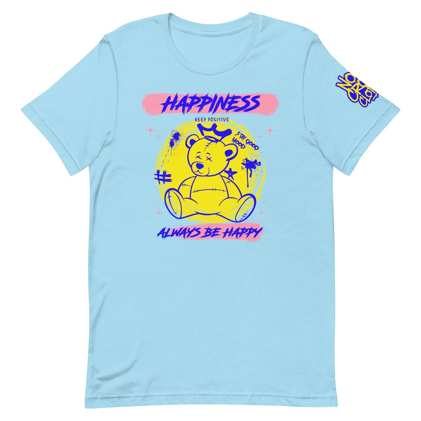 Graphic of a crowned teddy bear in vibrant yellow and blue with text "Happiness," "Keep Positive," and "Always Be Happy" on a bold graffiti-style tee design...blue