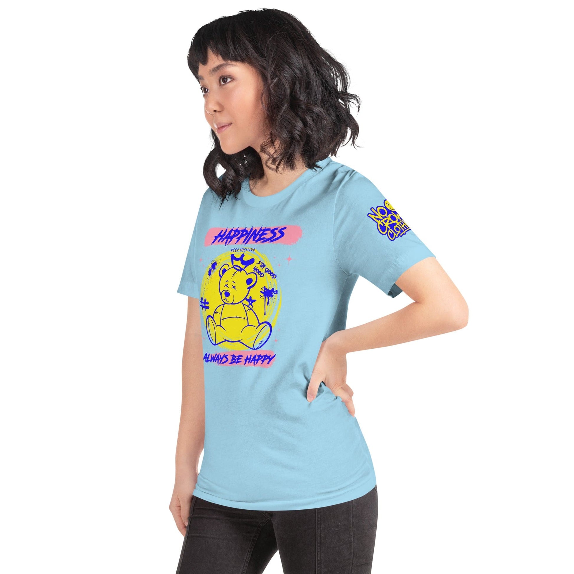 Graphic of a crowned teddy bear in vibrant yellow and blue with text "Happiness," "Keep Positive," and "Always Be Happy" on a bold graffiti-style tee design....model blue