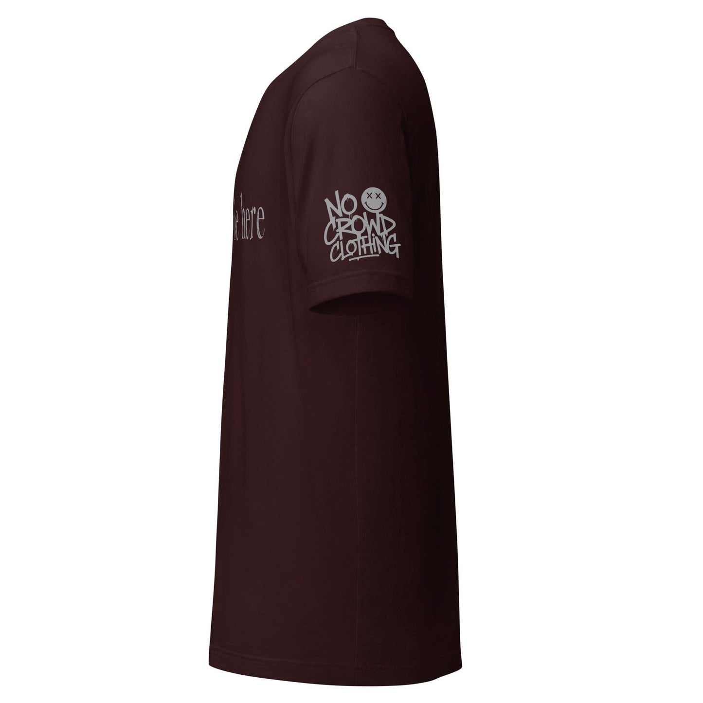 t shirt with “I didn’t ask to be here” text minimalist introvert clothing design...oxblood sleeve