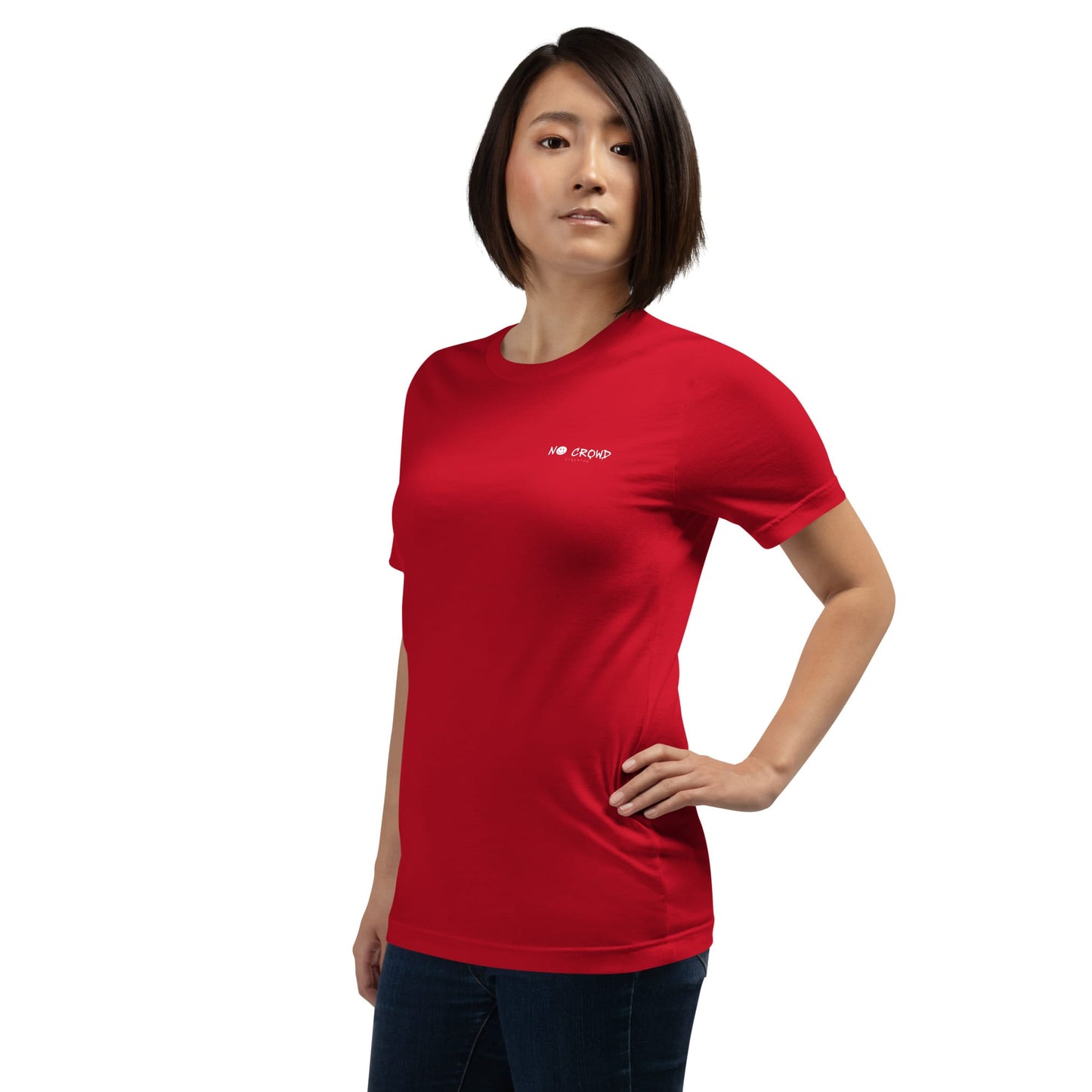 Model wearing the Quiet Mode minimalist introvert T-shirt....red