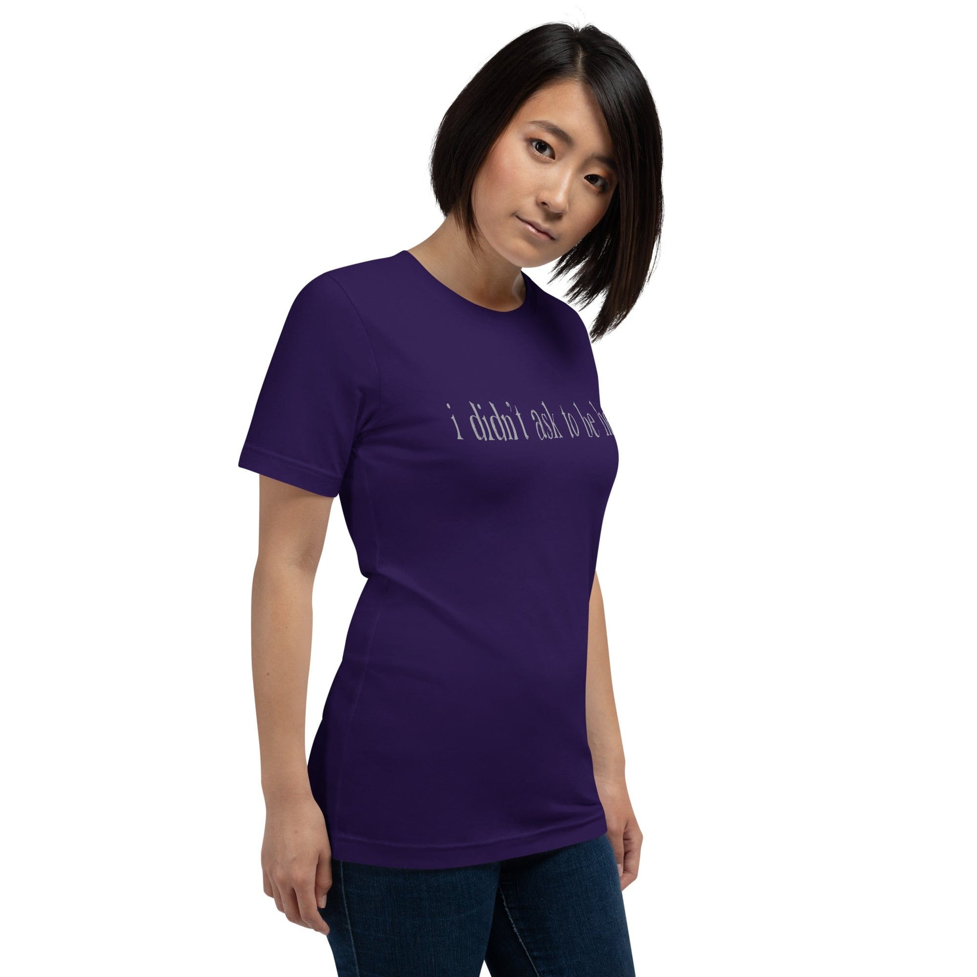 t shirt with “I didn’t ask to be here” text minimalist introvert clothing design...purple model front