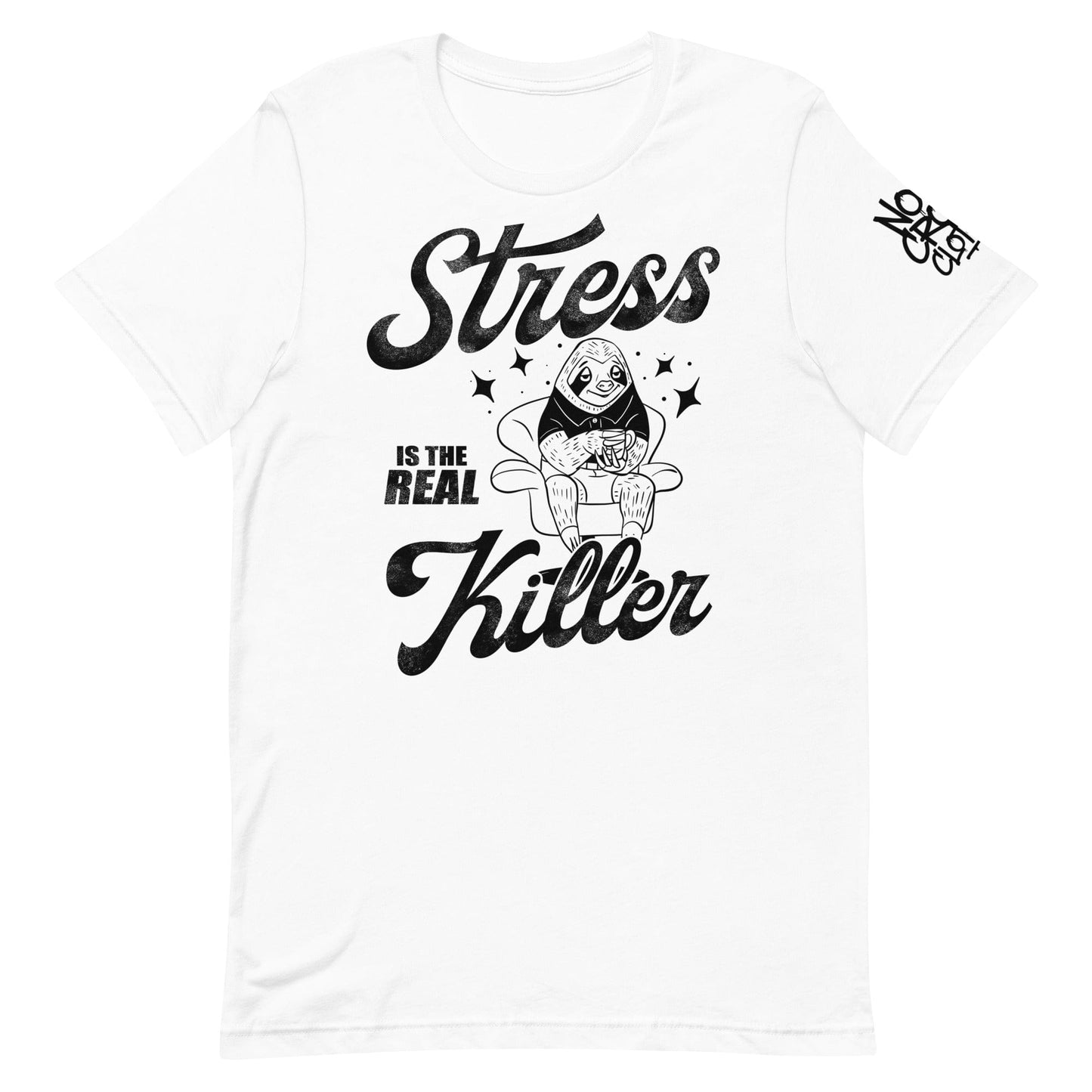 No Crowd Clothing’s 'Stress Is the Real Killer' t-shirt highlights the toll of stress, especially for those with social anxiety. It uses humor to ease daily pressures and promote resilience through lighthearted expression...white